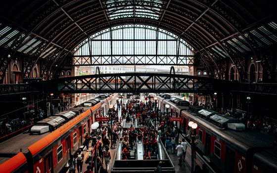 A bustling scene of people at a historic train station with arched roof and platforms.
